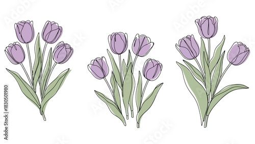 Continuous Line Art Tulips Set: Minimalist Pastel Floral Illustration for Spring & Modern Design