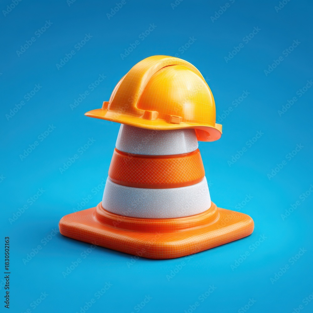 Fototapeta premium A construction cone with a yellow hard hat on top