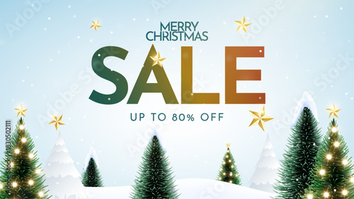Merry Christmas sale promotion poster banner with product display and festive decoration light background. Christmas special sale and offer unit with snowflakes and snowman. 