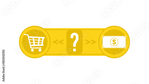 Conceptual vector illustration of a buying decision or online payment option. A yellow bar links the shopping cart icon to a dollar banknote icon with a central question mark. Ideal for e-commerce