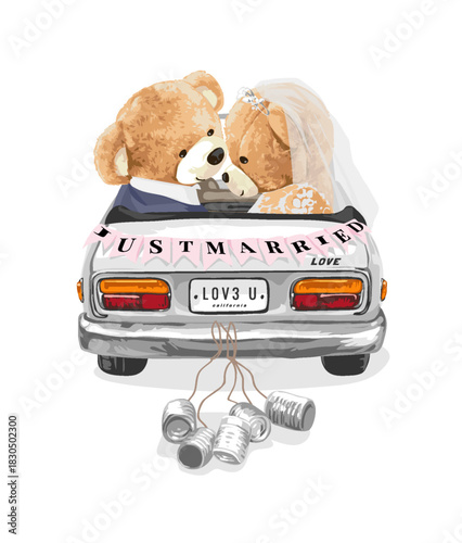 cute bear dolls couple in just married wedding car vector illustration - drawn by hand