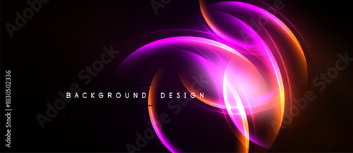 Abstract neon swirls, vibrant purple, orange hues. Dark background emphasizes glowing lines, modern design element.
