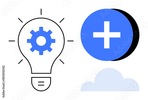 Innovation concept. Gear light bulb, plus symbol, and cloud icon innovative ideas, technology-driven growth, and digital solutions. Innovation in computing, teamwork, problem-solving tech design