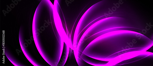 Abstract purple glows dominate black background. Smooth curves create flowing, dynamic visual effect. Brightness contrasts sharply with darkness.