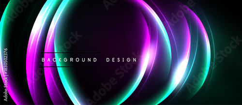 Abstract neon layers create dynamic circular design. Vibrant colors blend, forming futuristic visual impact. Dark background enhances glow.