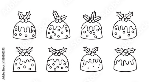 Collection of eight hand drawn christmas pudding silhouettes with holly berries and icing