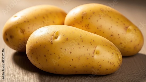 Three fresh, raw potatoes with earthy skin sit on a textured wooden surface, ready for cooking.