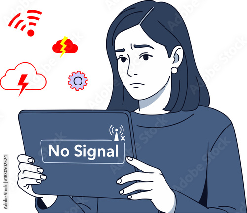 A concerned woman holds a device displaying a 'No Signal' error message, surrounded by icons representing internet connection failure, Wi--Fi outage, and system breakdown