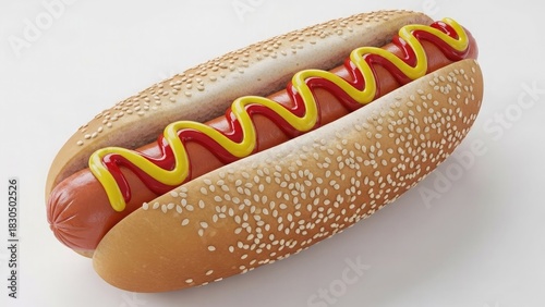 Delicious hot dog with ketchup and mustard on a sesame seed bun, a classic American comfort food.