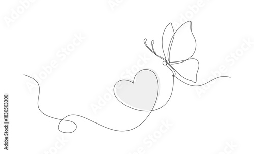 Single line art of butterfly and heart 