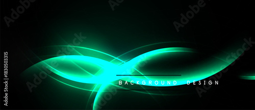 Dark background features vibrant turquoise lines. Abstract shapes create flowing, dynamic visual effect. Text reads background design.