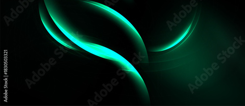 Abstract design features glowing teal curves against dark background. Smooth shapes create dynamic, modern visual effect.