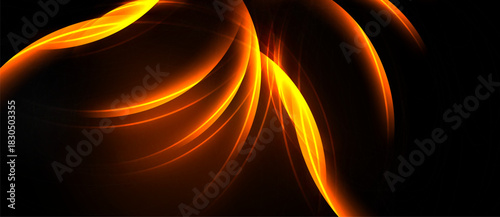 Abstract orange lines flow, creating dynamic energy. Dark background emphasizes bright curves, suggesting movement, warmth.