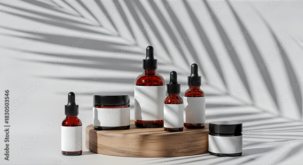 Obraz premium Minimalist cosmetic bottle mockup set on round wood slice with palm shadow amber glass skincare product packaging display with copy space