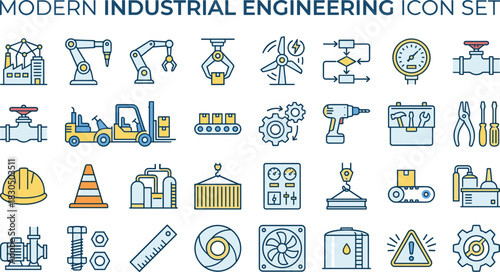 Industrial Engineering Icons Automation, Machinery, and Manufacturing