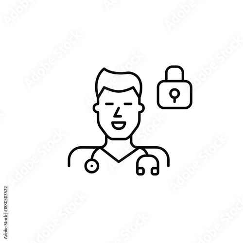 Doctor with stethoscope and lock. Patient data security, confidential healthcare. Pixel perfect, editable stroke vector icon