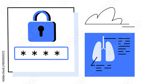 Padlock with login password field beside a lung diagram and cloud, signifying data privacy, health tech, and secure cloud storage. Ideal for healthcare, cybersecurity, cloud computing, privacy