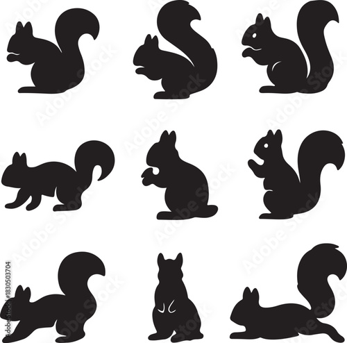 Set of Black Squirrel Silhouette Vector Illustrations in Different Poses