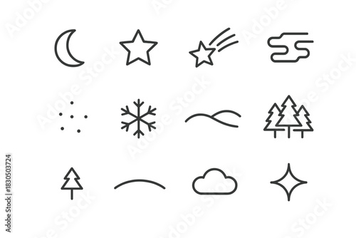Winter Night Icons. Winter night sky with stars. Line outline icon set of Winter night sky with stars: moon