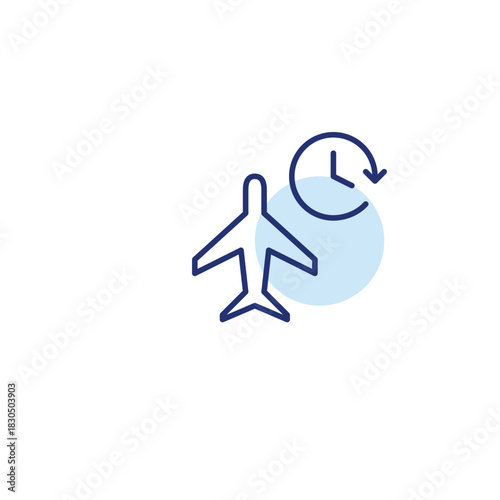 Plane symbol and clock. Boarding time reminder, flight schedule. Pixel perfect, editable stroke vector icon