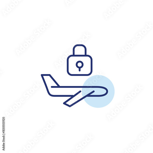 Plane flying and lock. Aviation safety, secure travel management. Pixel perfect, editable stroke vector icon