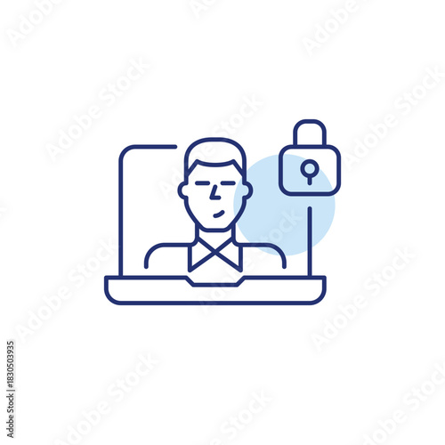Man user at laptop and lock. Secure access, data protection on video call and cybersecurity awareness. Pixel perfect, editable stroke vector icon