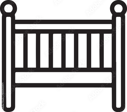 A minimalist vector illustration of a baby cot, showcasing clean lines and a simple aesthetic. The graphic depicts a classic crib design, perfect for projects related to infancy, childcare.