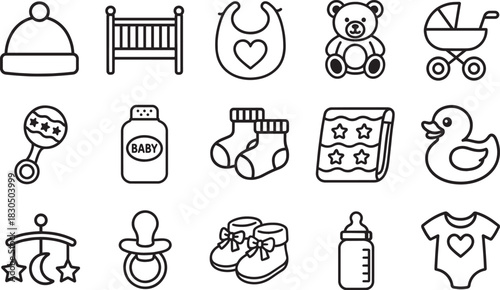 A collection of adorable baby essentials: The image presents a charming collection of baby-related items, including a crib, bib, teddy bear, stroller, rattle, powder, socks, blanket, duck, mobile.