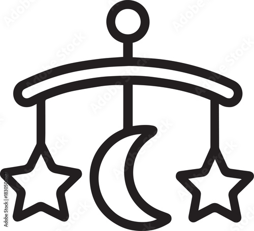 A cute mobile with a moon and star design, is often hung over a baby's crib or bed, is a decorative object or toy that is suspended.
