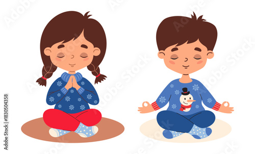 Cute Christmas Boy and Girl Meditating. Children Yogi in winter Xmas Sweaters Sit in Asana. Isolated Holiday Dreaming Character. Vector illustration. Not AI