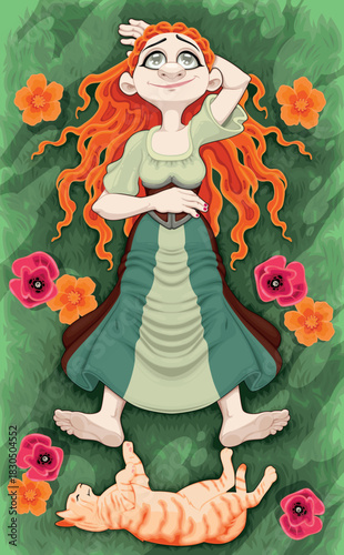 A happy girl lying in a meadow with her cat. Vector cartoon illustration.
