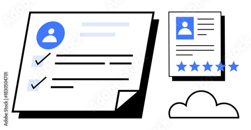 Profile sheet with checkmarks, five-star rating document, and cloud icon representing online data protection, digital verification, and cloud storage. Ideal for identity management, HR, recruitment