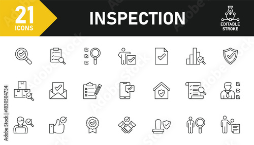 Inspection line icon set. Set of 21 outline icons related to inspection, examination, quality control, testing, check and others. Editable stroke. Vector illustration.