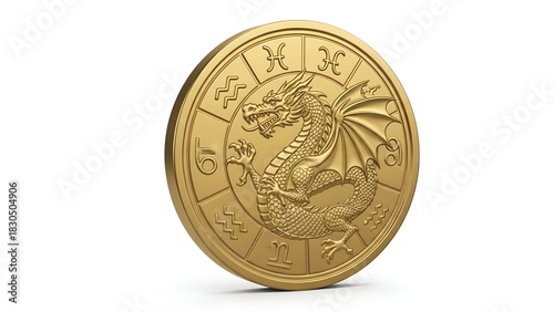 Golden Coin Depicting a Dragon and Zodiac Signs, Symbolizing Astrology and Fortune