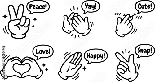 Cartoon Hands Making Gestures with Speech Bubbles