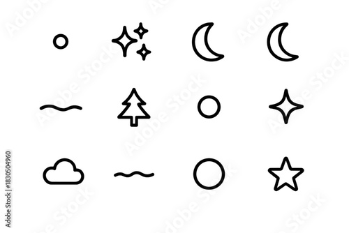 Winter Sky Icons. Winter night sky with stars. Line outline icon set of Winter night sky with stars: twinkle