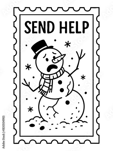christmas funny snowman postage stamp vector illustration with cracked snowman asking for help in winter scene for stickers cards coloring pages posters labels and humorous holiday crafts