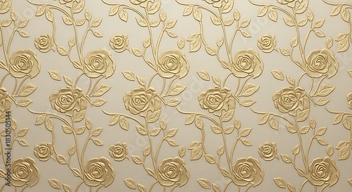 Elegant embossed floral pattern background with golden roses and leaves