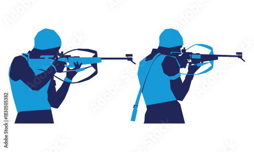 Two biathletes in silhouette aiming their rifles during a winter sports competition silhouette