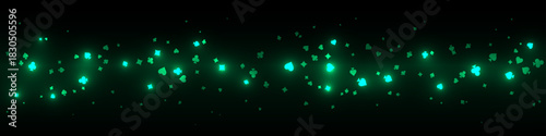 Casino pattern. Green flying glowing playing cards on black background. Sparkling hearts, clubs, diamonds and spades on dark. Online casino concept. Luxury vector illustration.