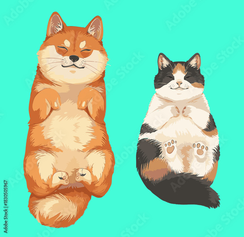 目を閉じあおむけに寝転んだ柴犬と三毛猫のベクターイラスト