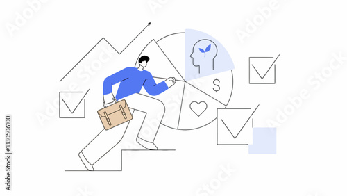 Modern flat line illustration of a professional managing life priorities like career, money, and wellness for balanced growth