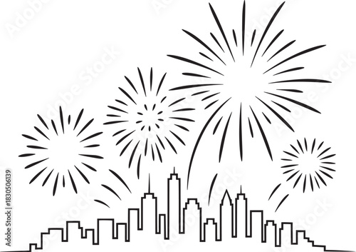 City Skyline with Fireworks Celebrating New Year's Eve or Holiday Event