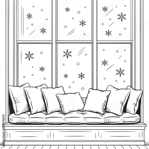 Comfortable Window Seat With Pillows Vector Illustration In Black And White Style