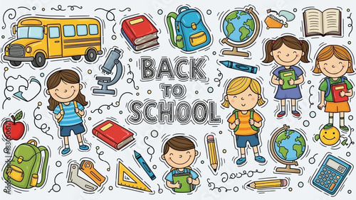 A whimsical collection of hand-drawn educational doodles featuring happy students, school supplies, and learning icons