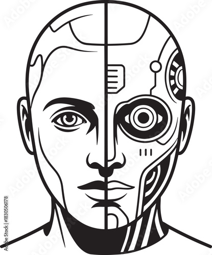 Cyborg Face Half Human Half Robot Vector Illustration In Black And White Style