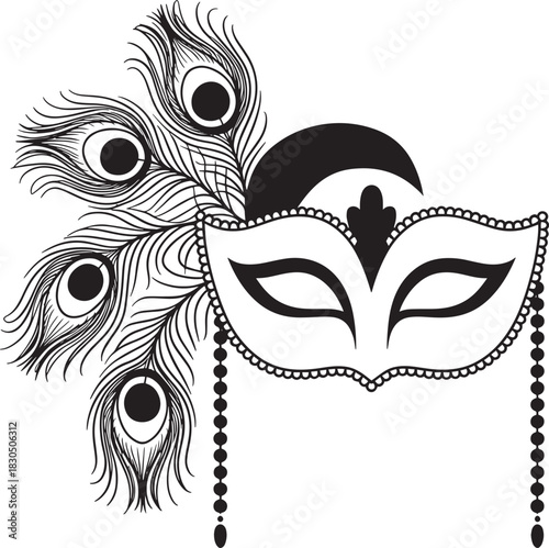 Elegant black venetian carnival mask with peacock feathers on transparent background