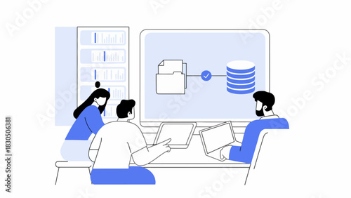 Team collaborating on data management and analysis with computers and digital storage systems
