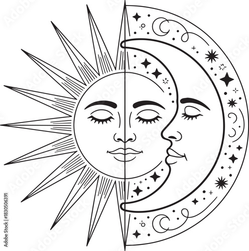 Hand drawn of sun and moon with closed eyes esoteric boho spiritual art