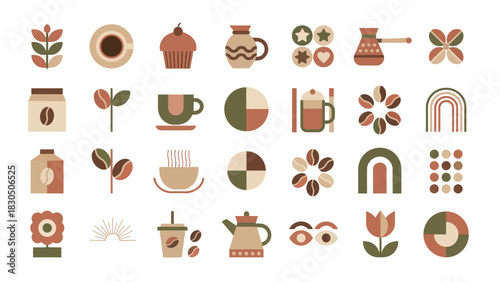 Charming collection of geometric flat design coffee icons, featuring cups, beans, pots, and abstract elements in a warm, inviting color palette for branding and web assets